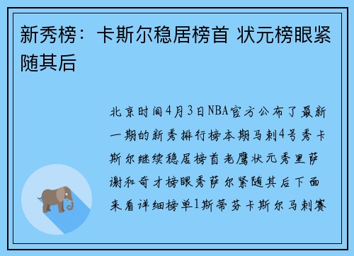 新秀榜：卡斯尔稳居榜首 状元榜眼紧随其后