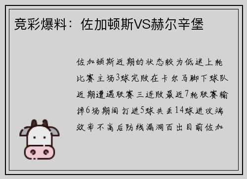 竞彩爆料：佐加顿斯VS赫尔辛堡