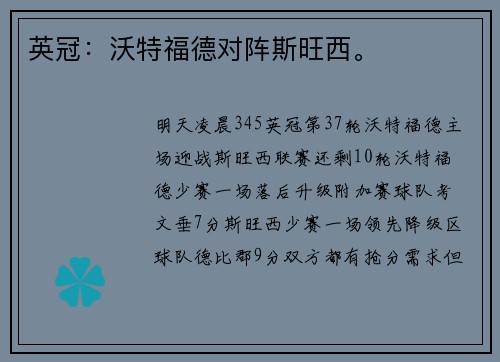 英冠：沃特福德对阵斯旺西。